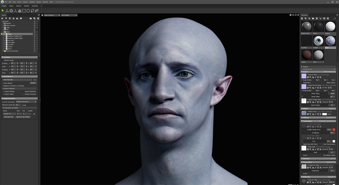 Marmoset Toolbag Render Scene with skin shader and lighting